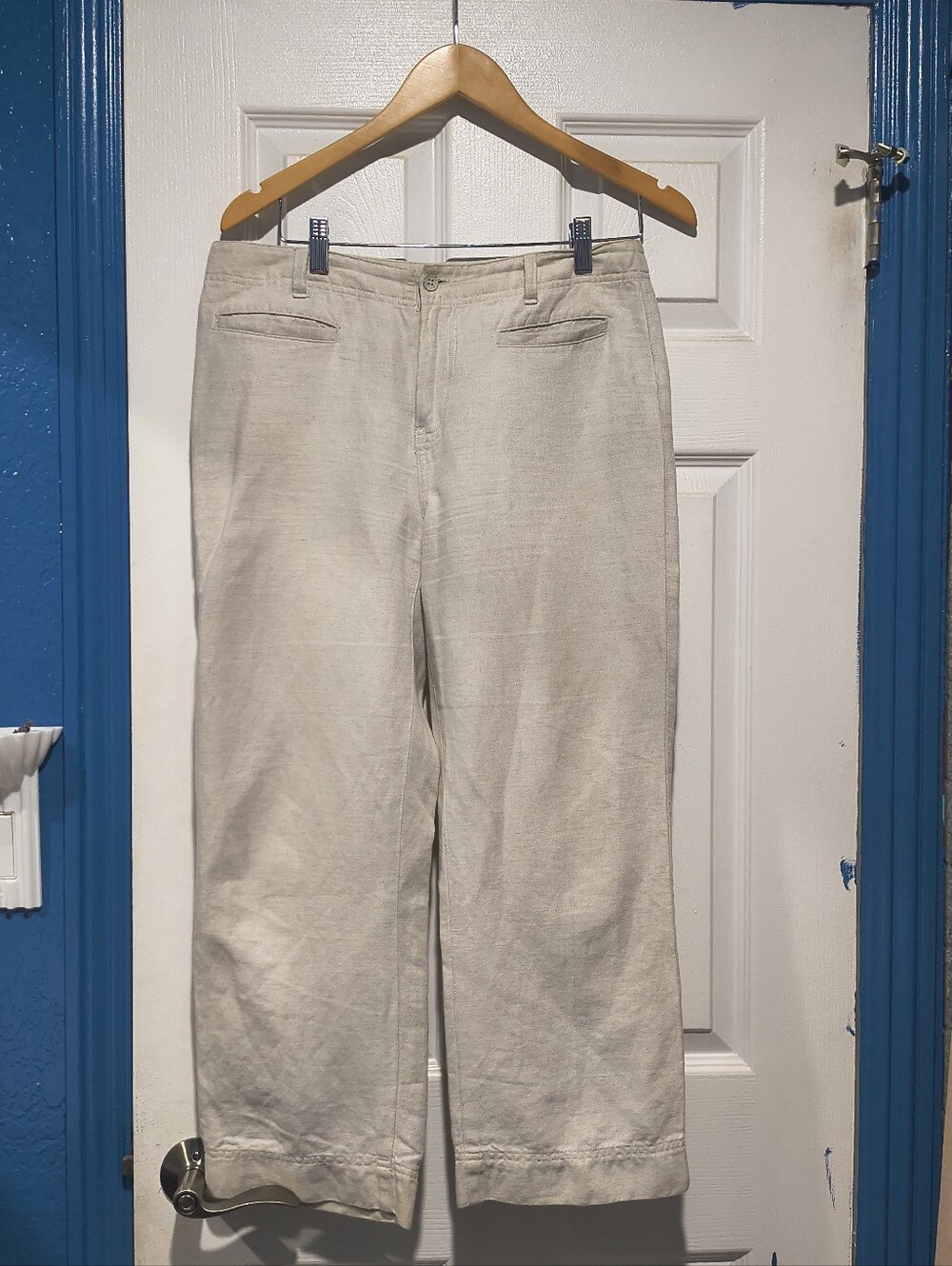 Calvin Klein Linen Blend Oatmeal Cream High Waisted Wide Leg Crop Pants 8